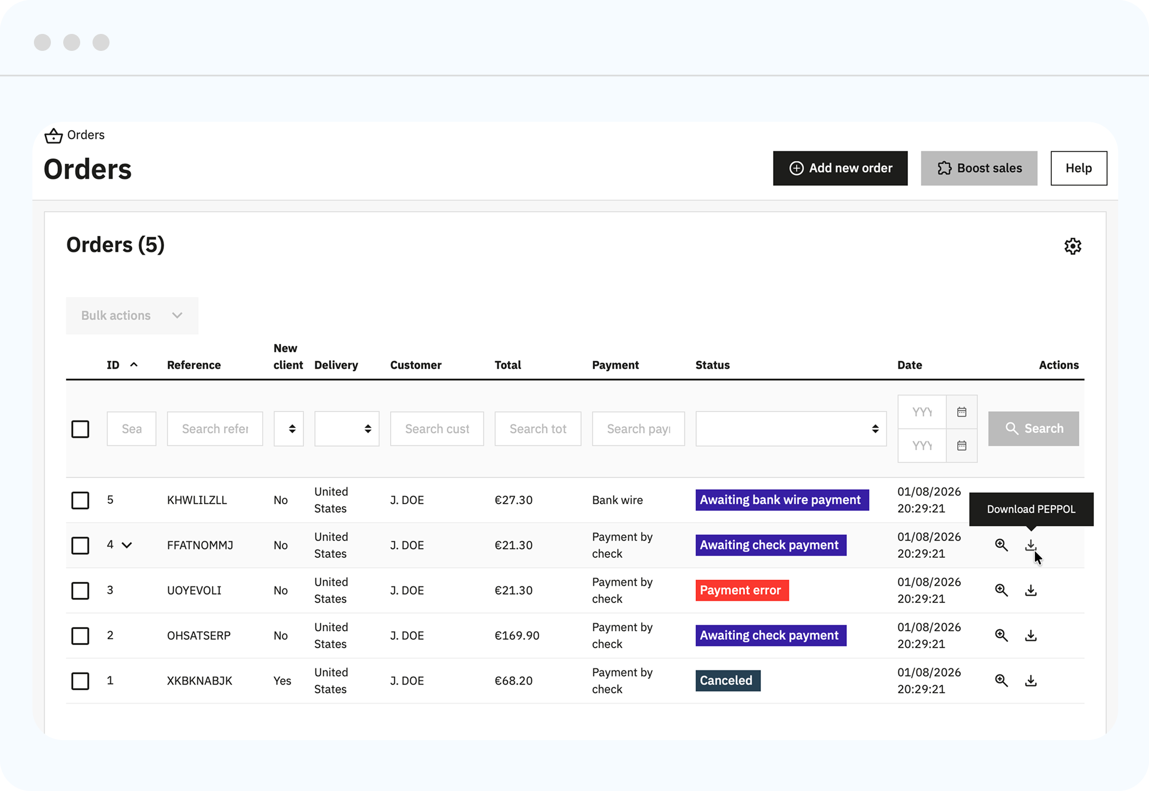 PrestaShop orders page showing the “Download PEPPOL” button from our plugin.