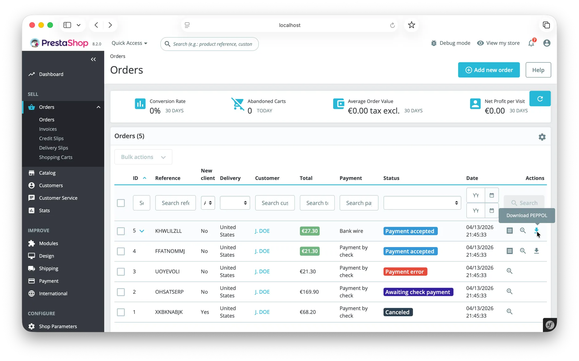 Screenshot of the PrestaShop Orders page highlighting the new PEPPOL invoice download icon