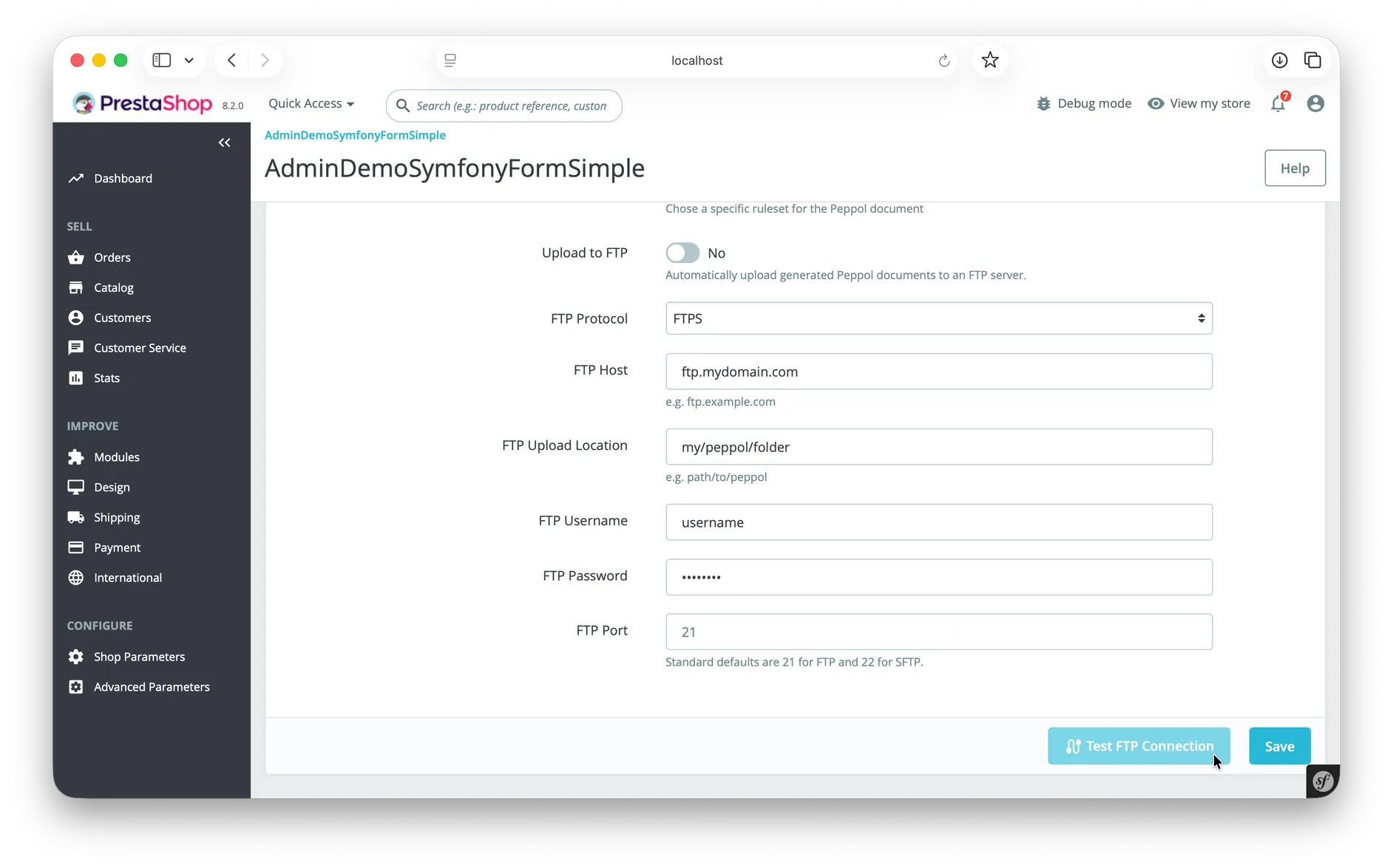 Screenshot of the Peppol UBL Downloader module configuraiton page for FTP connection